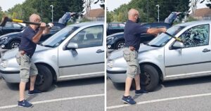 [Vidéo] Pour sauver un petit chien enfermé dans une voiture sous le soleil, cet homme brise une vitre avec une hache