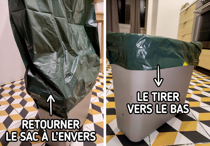 La façon correcte et pratique de placer un sac poubelle à l'intérieur d'un bac
